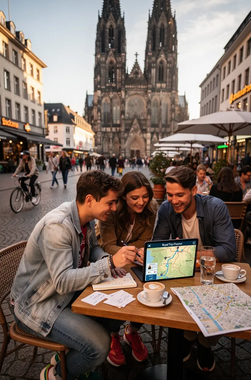 Reisender mit Karte und GPS-Gerät, der eine individuell geplante Roadtrip-Route durch Deutschland überprüft.