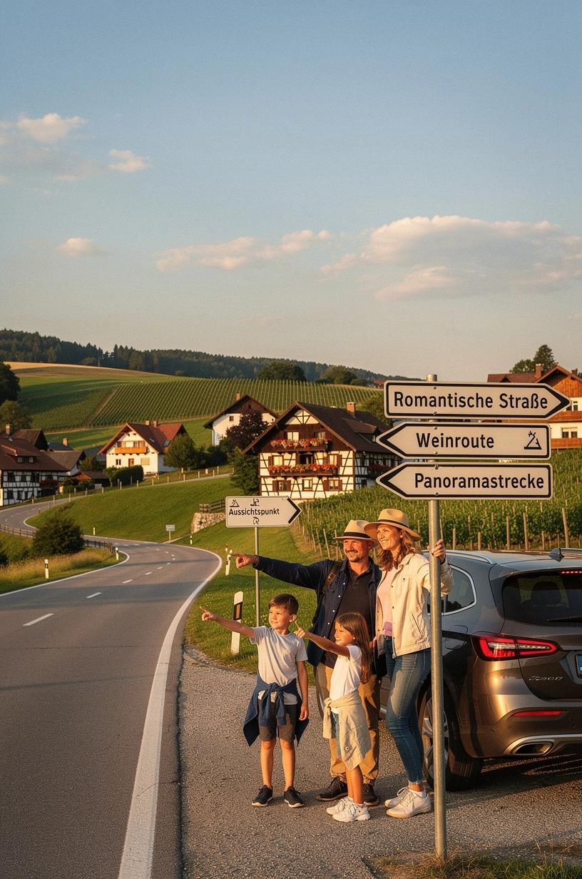 Panorama einer malerischen Landstraße in Deutschland mit Hinweisschildern zu Parkmöglichkeiten und empfohlenen Zwischenstopps für eine flexible Tageskilometerplanung